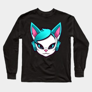 Cartoon Cat with Headphones Long Sleeve T-Shirt